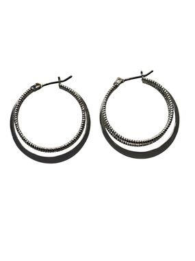 Silver Tone Hoop Earrings - Triple Layer Textured Beaded & Polished Multi-Hoop